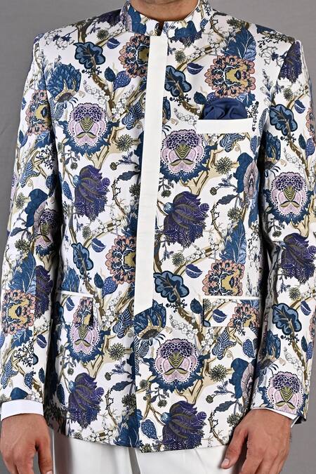 Bohame_Off White Cotton Satin Digital Print Karl Floral Bandhgala Set_at_Aza_Fashions