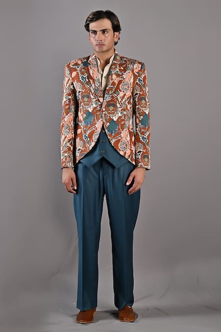Bohame Maroon Cotton Satin / Suiting Digital Clem Floral Jacket And Pant Set