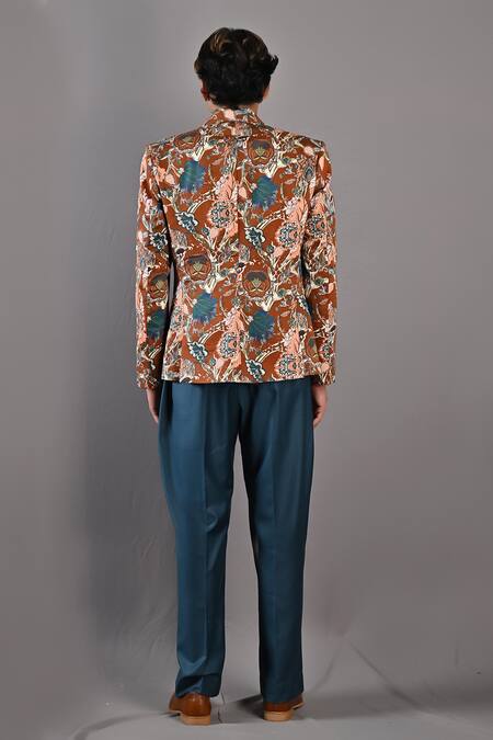 Shop_Bohame_Maroon Cotton Satin / Suiting Digital Print Clem Floral Jacket And Pant Set _at_Aza_Fashions