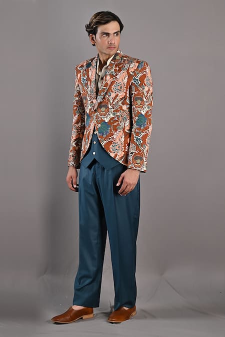 Bohame_Maroon Cotton Satin / Suiting Digital Print Clem Floral Jacket And Pant Set _Online_at_Aza_Fashions