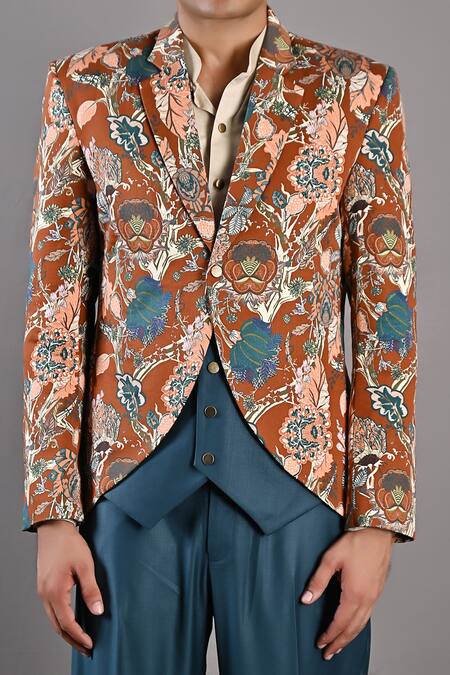 Bohame_Maroon Cotton Satin / Suiting Digital Print Clem Floral Jacket And Pant Set _at_Aza_Fashions