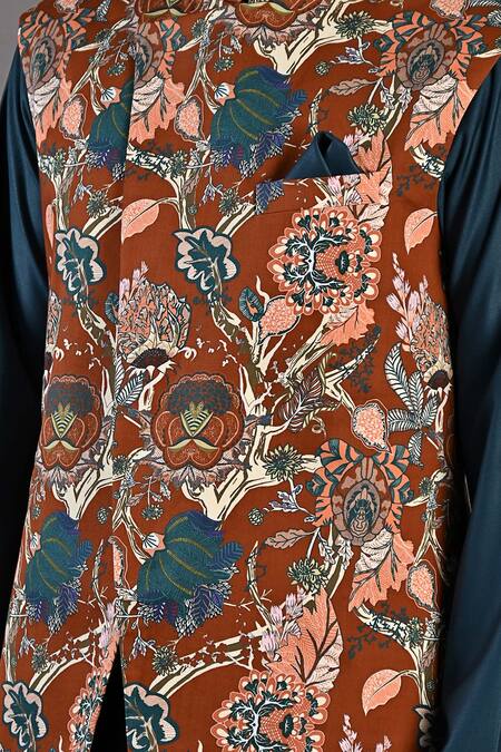 Bohame_Maroon Cotton Satin / Suiting Digital Print Fiore Floral Bundi And Kurta Set_at_Aza_Fashions