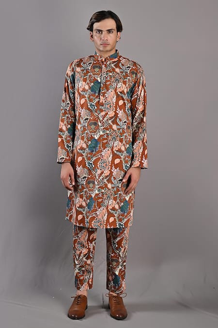 Buy_Bohame_Maroon Cotton Satin / Suiting Digital Print Aciano Jacket And Kurta Set_Online_at_Aza_Fashions