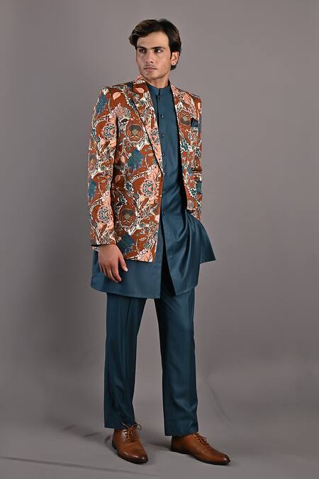 Bohame_Maroon Cotton Satin / Suiting Digital Print Admon Jacket And Kurta Set_Online_at_Aza_Fashions