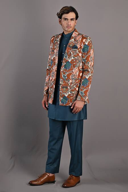 Buy_Bohame_Maroon Cotton Satin / Suiting Digital Print Admon Jacket And Kurta Set_Online_at_Aza_Fashions