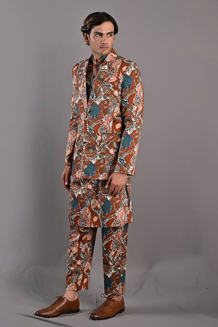 Buy_Bohame_Maroon Cotton Satin Digital Print Watson Jacket And Kurta Set_Online_at_Aza_Fashions