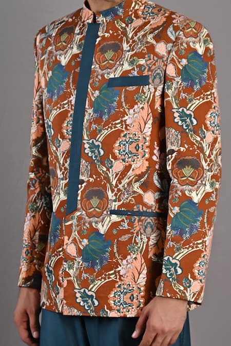 Bohame_Maroon Cotton Satin / Suiting Digital Print Ren Floral Bandhgala Set_at_Aza_Fashions