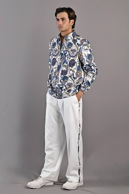 Bohame_Off White Cotton Satin / Suiting Digital Print Jacek Shacket And Pant Set_Online_at_Aza_Fashions