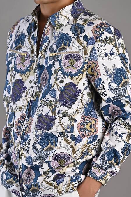 Bohame_Off White Cotton Satin / Suiting Digital Print Jacek Shacket And Pant Set_at_Aza_Fashions