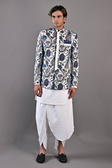 Bohame_Off White Cotton Satin Digital Print Cedar Bandhgala Set_Online_at_Aza_Fashions