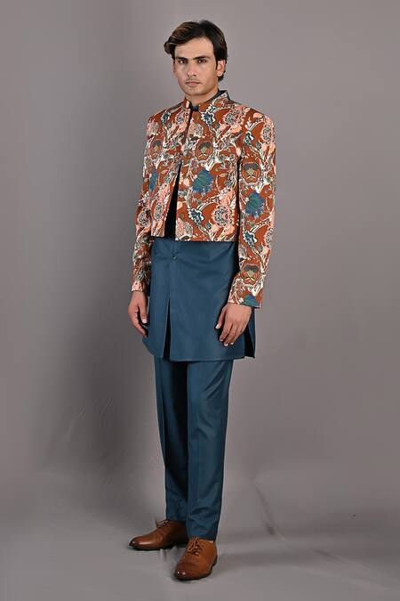 Bohame_Maroon Cotton Satin / Suiting Digital Print Jared Short Jacket And Kurta Set_Online_at_Aza_Fashions