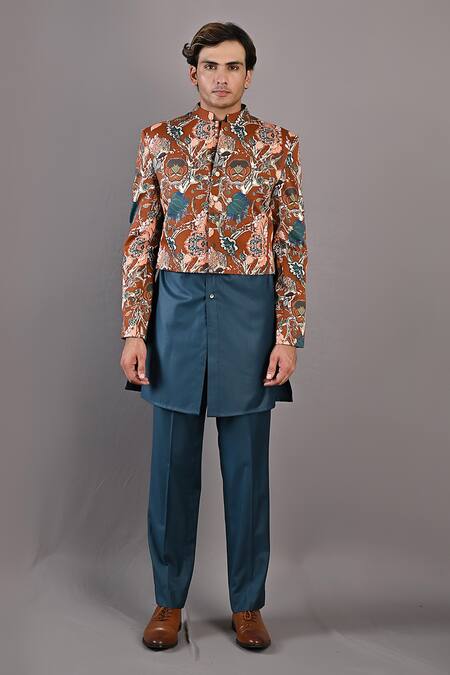 Buy_Bohame_Maroon Cotton Satin / Suiting Digital Print Jared Short Jacket And Kurta Set_Online_at_Aza_Fashions