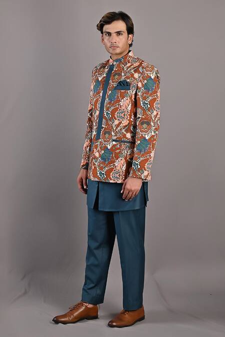 Bohame_Maroon Cotton Satin / Suiting Digital Print Cosmos Bandhgala Set_Online_at_Aza_Fashions