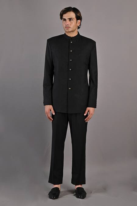 Bohame_Black Terry Wool Abstract Floral Pattern Aragorn Embroidered Bandhgala Set_Online_at_Aza_Fashions