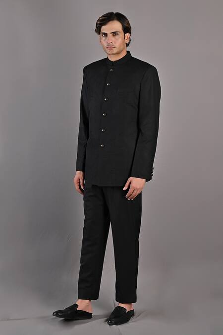 Buy_Bohame_Black Terry Wool Abstract Floral Pattern Aragorn Embroidered Bandhgala Set_Online_at_Aza_Fashions