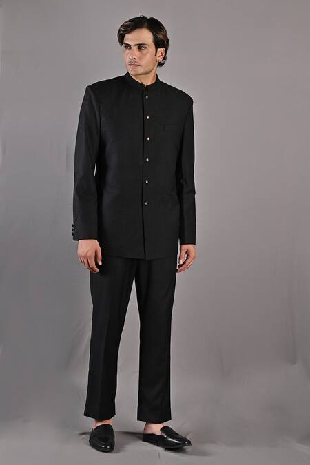 Shop_Bohame_Black Terry Wool Abstract Floral Pattern Aragorn Embroidered Bandhgala Set_Online_at_Aza_Fashions