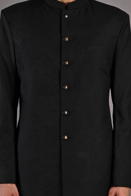 Bohame_Black Terry Wool Abstract Floral Pattern Aragorn Embroidered Bandhgala Set_at_Aza_Fashions