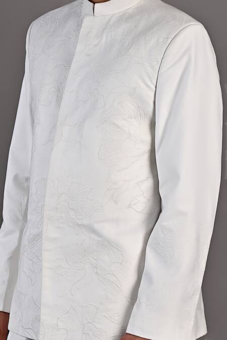 Buy_Bohame_Off White Terry Wool Abstract Floral Pattern Carmine Embroidered Bandhgala Set_Online_at_Aza_Fashions