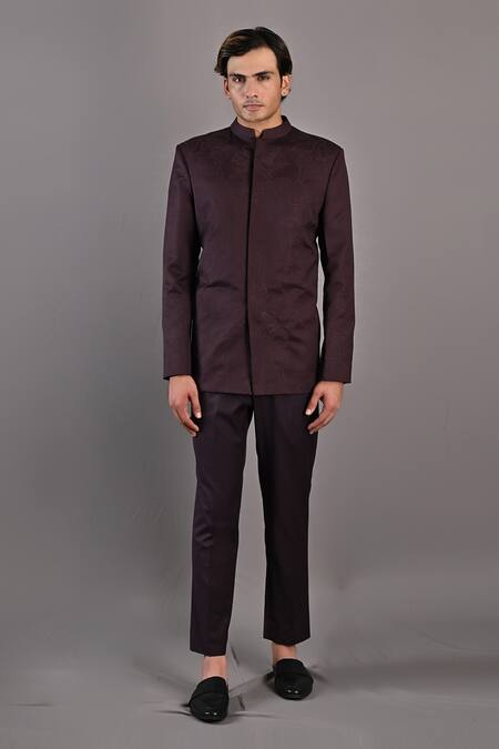 Bohame_Wine Terry Wool Abstract Floral Pattern Casper Embroidered Bandhgala Set_Online_at_Aza_Fashions