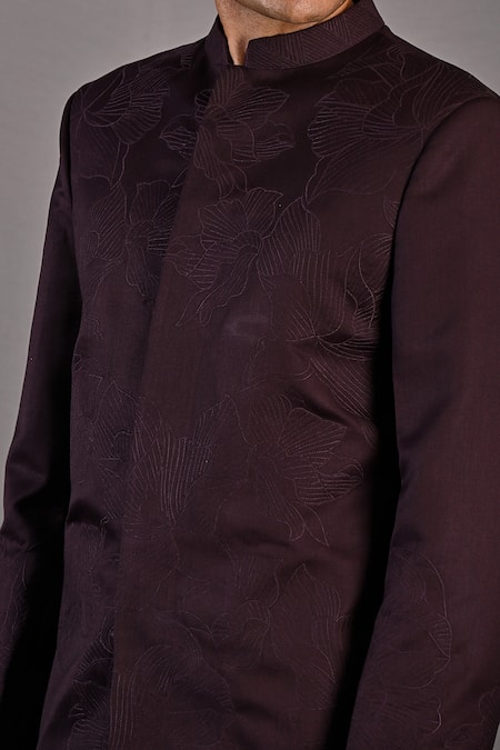 Buy_Bohame_Wine Terry Wool Abstract Floral Pattern Casper Embroidered Bandhgala Set_Online_at_Aza_Fashions