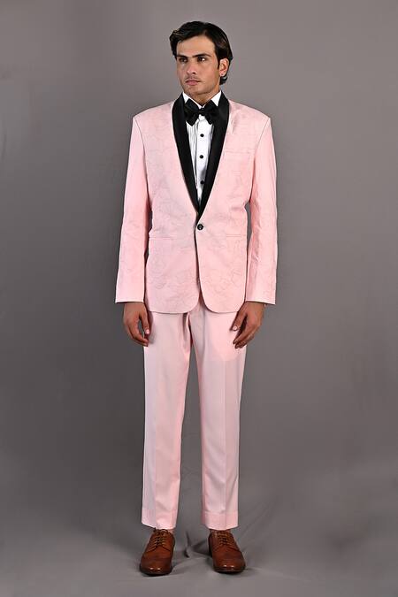 Bohame_Pink Shirt Poplin, Tuxedo And Pant Terry Wool Abstract Dempsey Embroidered Set_Online_at_Aza_Fashions