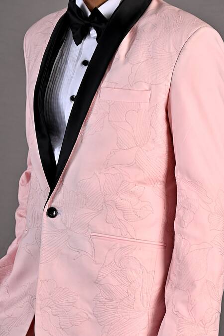 Bohame_Pink Shirt Poplin, Tuxedo And Pant Terry Wool Abstract Dempsey Embroidered Set_at_Aza_Fashions
