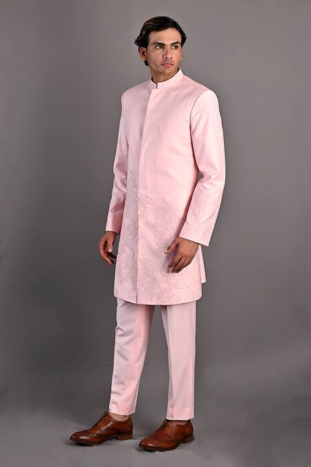 Buy_Bohame_Pink Terry Wool Abstract Floral Pattern Laurent Embroidered Achkan Jacket Set_Online_at_Aza_Fashions