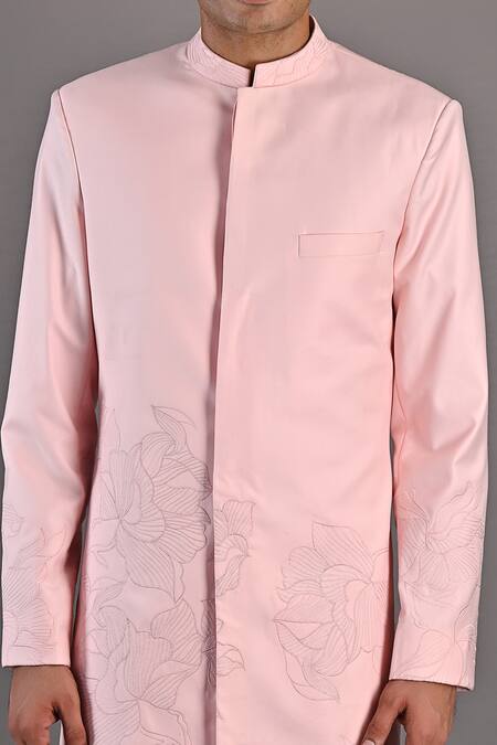 Shop_Bohame_Pink Terry Wool Abstract Floral Pattern Laurent Embroidered Achkan Jacket Set_Online_at_Aza_Fashions