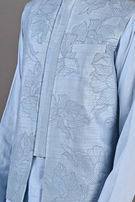 Buy_Bohame_Blue Bundi Dupion Silk, Kurta And Pant Cotton Satin Terence Embroidered & Set_Online_at_Aza_Fashions