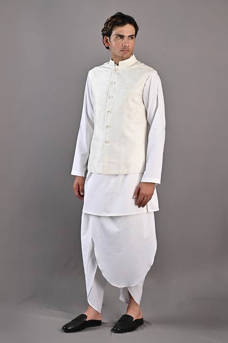 Bohame_Off White Bundi Dupion Silk, Kurta And Pant Cotton Tennyson Embroidered & Set_Online_at_Aza_Fashions