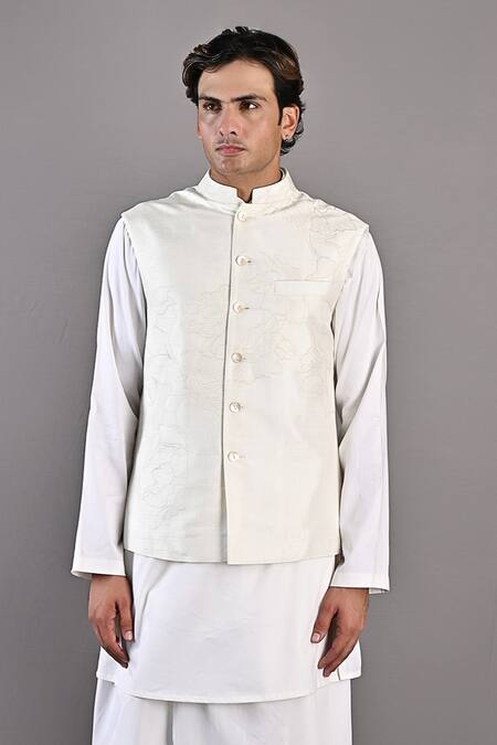 Shop_Bohame_Off White Bundi Dupion Silk, Kurta And Pant Cotton Tennyson Embroidered & Set_Online_at_Aza_Fashions