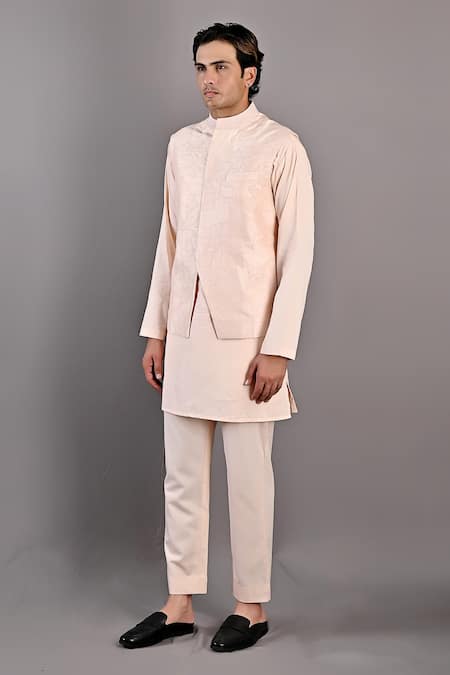 Bohame_Peach Bundi Dupion Silk, Kurta And Pant Cotton Laurence Embroidered & Set_Online_at_Aza_Fashions