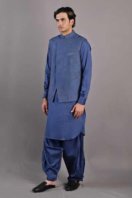 Bohame_Blue Bundi Dupion Silk, Kurta And Salwar Cotton Garance Embroidered & Set_Online_at_Aza_Fashions