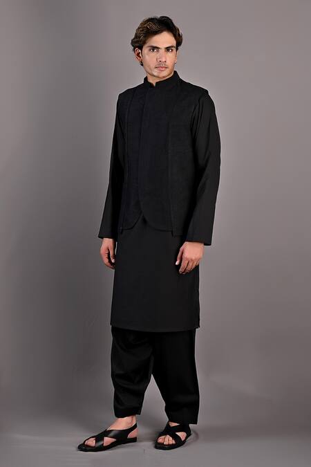 Bohame_Black Bundi Dupion Silk, Kurta And Salwar Cotton Haruka Embroidered & Set_Online_at_Aza_Fashions