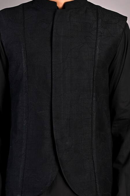 Shop_Bohame_Black Bundi Dupion Silk, Kurta And Salwar Cotton Haruka Embroidered & Set_Online_at_Aza_Fashions