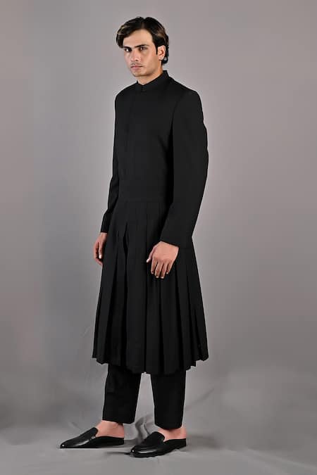 Bohame_Black Terry Wool Osama Pleated Sherwani Set_Online_at_Aza_Fashions