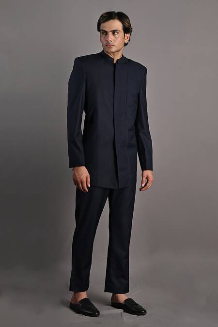 Bohame_Blue Terry Wool Waylon Bandhgala And Pant Set_Online_at_Aza_Fashions