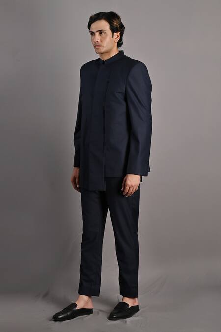 Buy_Bohame_Blue Terry Wool Waylon Bandhgala And Pant Set_Online_at_Aza_Fashions