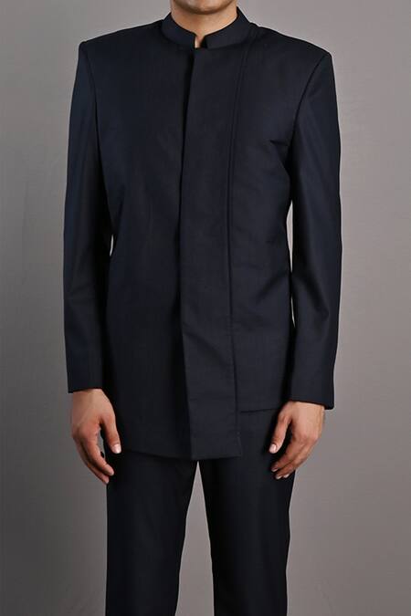 Shop_Bohame_Blue Terry Wool Waylon Bandhgala And Pant Set_Online_at_Aza_Fashions