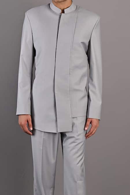 Buy_Bohame_Grey Terry Wool Aidin Bandhgala And Pant Set_Online_at_Aza_Fashions