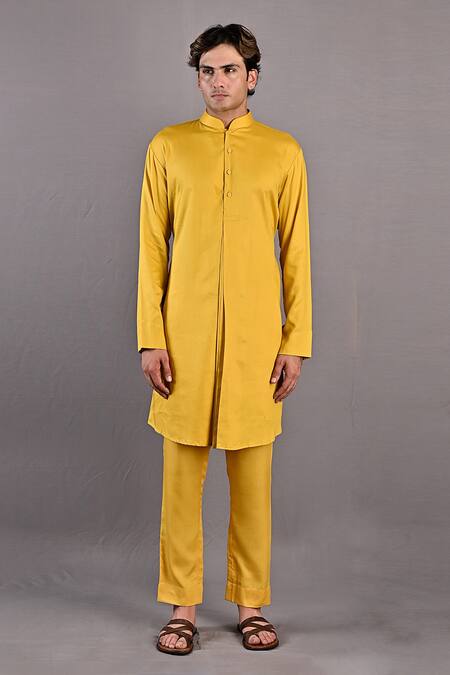 Buy_Bohame_Yellow Kurta And Pant Tencel Kai Textured Bundi With Set_Online_at_Aza_Fashions