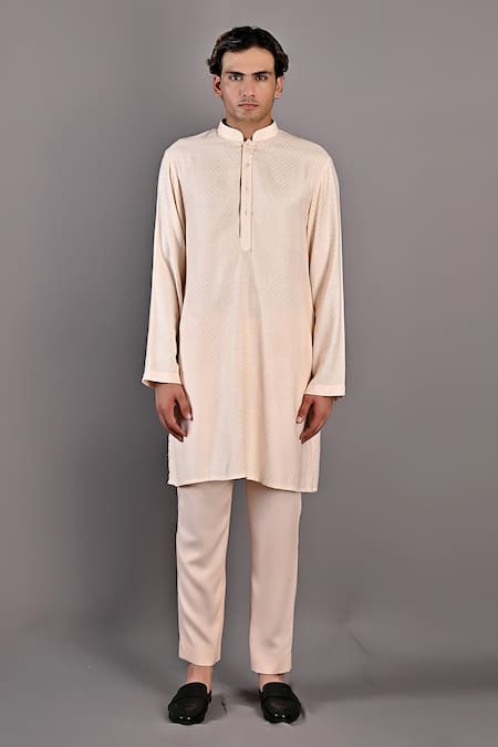 Bohame_Peach Kurta And Pant Tencel Leo Textured Bundi With Set_Online_at_Aza_Fashions