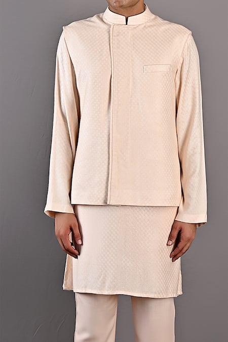 Buy_Bohame_Peach Kurta And Pant Tencel Leo Textured Bundi With Set_Online_at_Aza_Fashions