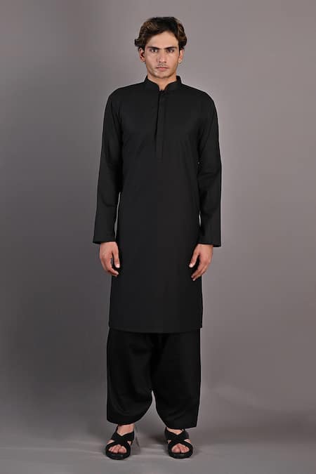 Bohame_Black Kurta And Pant Cotton Satin Adam Textured Bundi & Set_Online_at_Aza_Fashions