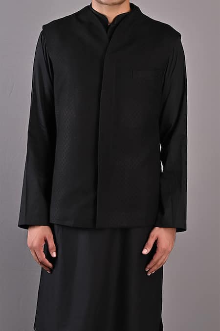 Buy_Bohame_Black Kurta And Pant Cotton Satin Adam Textured Bundi & Set_Online_at_Aza_Fashions