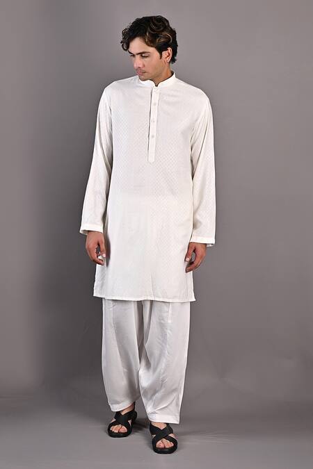 Bohame_Off White Salwar Tencel Mateo Textured Bundi And Kurta Set_Online_at_Aza_Fashions