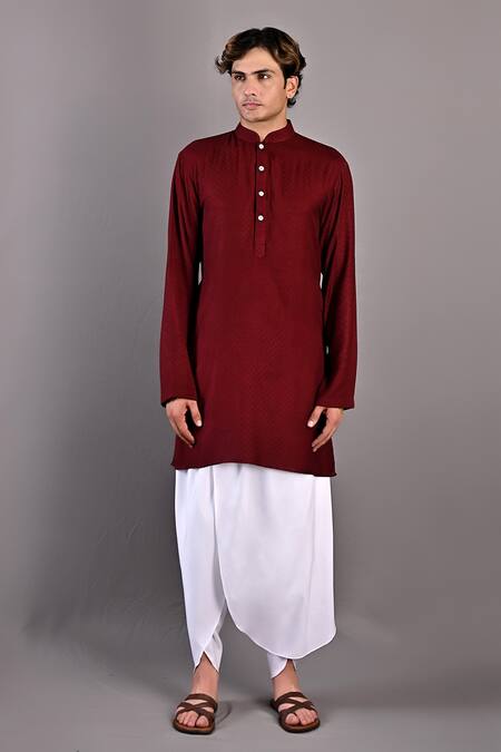 Bohame_Maroon Tulip Salwar Cotton Satin Daniel Textured Bundi And Kurta Set_Online_at_Aza_Fashions