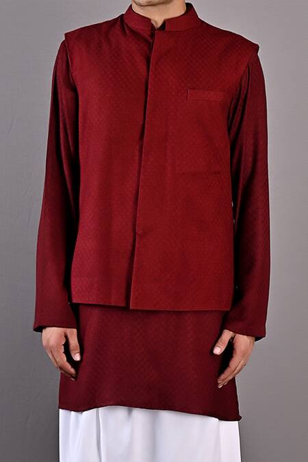 Shop_Bohame_Maroon Tulip Salwar Cotton Satin Daniel Textured Bundi And Kurta Set_Online_at_Aza_Fashions