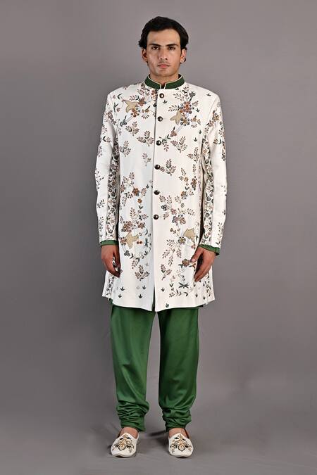 Bohame_Green Dushala Chanderi, Kurta And Pant Modal, Brook Hand Embroidered & Set_Online_at_Aza_Fashions