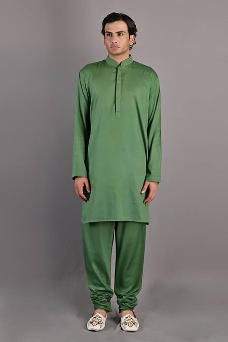 Shop_Bohame_Green Dushala Chanderi, Kurta And Pant Modal, Brook Hand Embroidered & Set_Online_at_Aza_Fashions